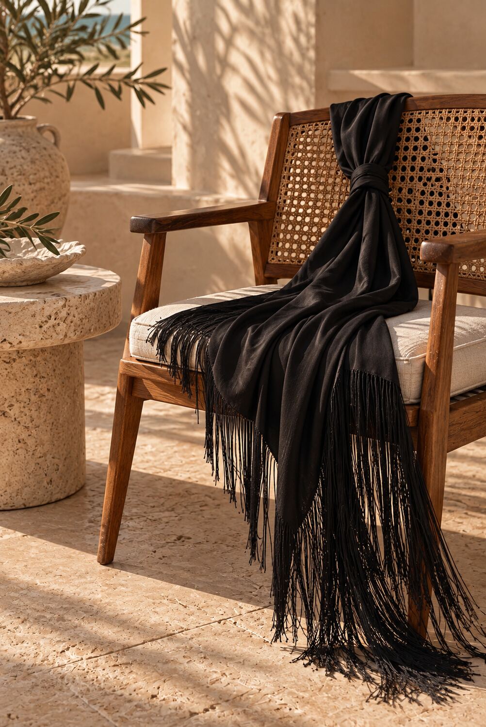 A black fringed wrap draped over a cane chair in soft light