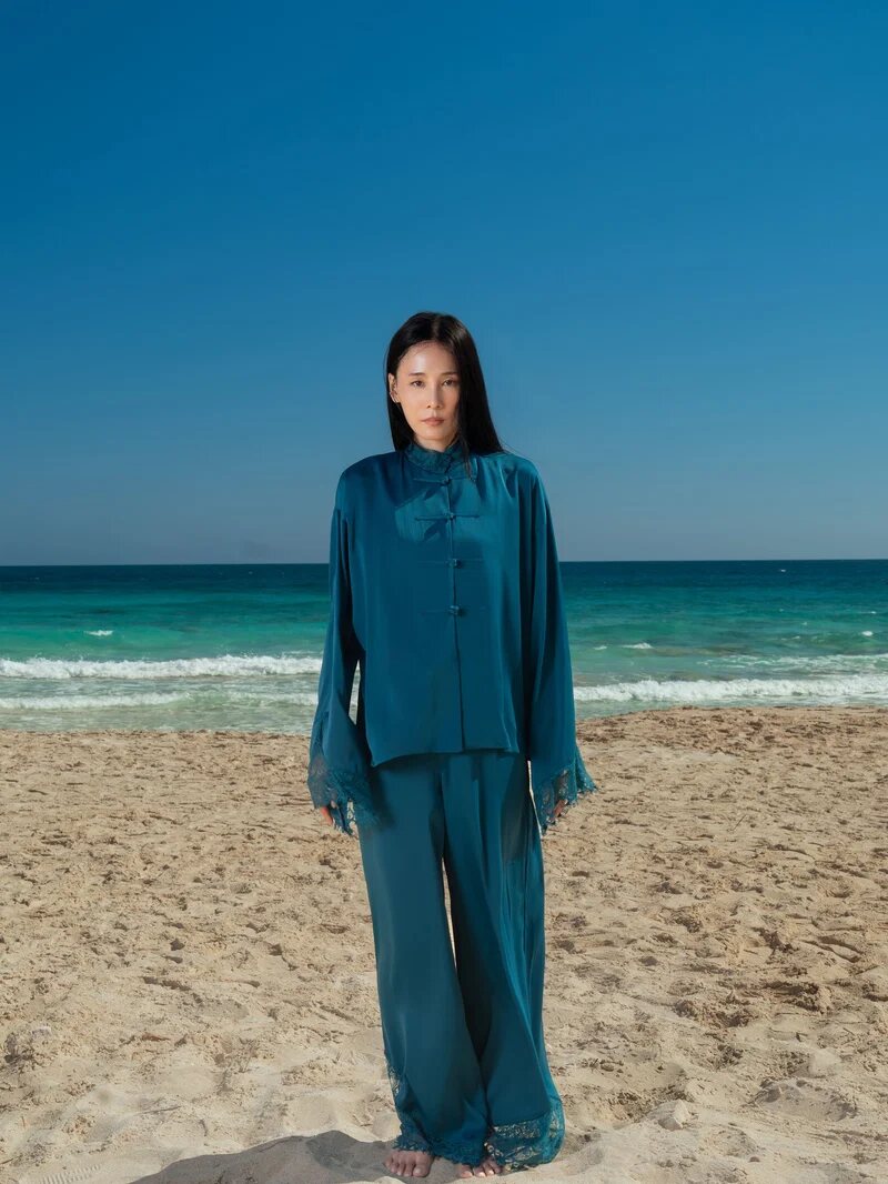 The Mandarin Silk Lace Set in teal with lace cuffs