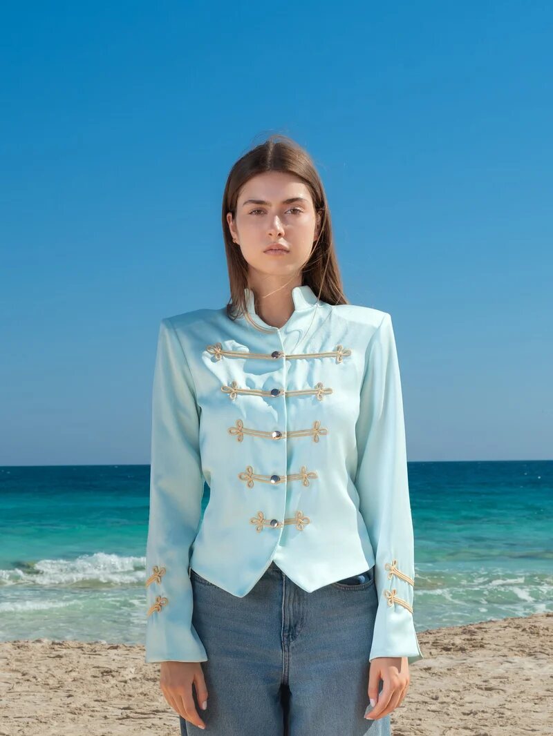 The Tiffany Napoleon Jacket with gold braided frogging